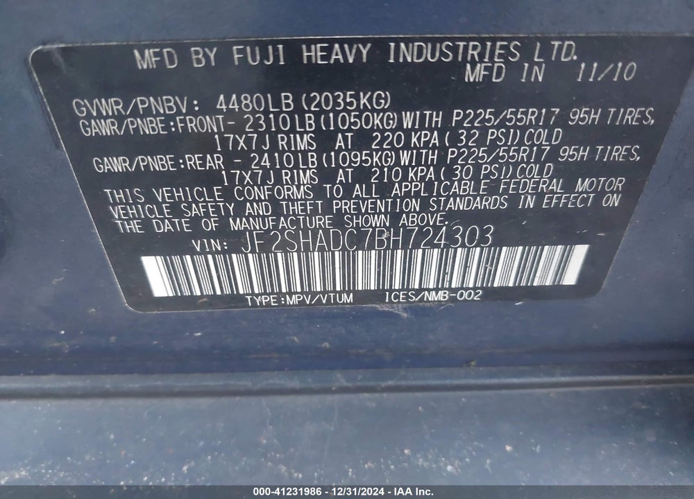 2011 SUBARU FORESTER 2.5X PREMIUM VIN: JF2SHADC7BH724303