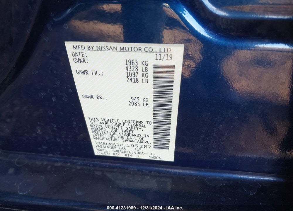 2020 NISSAN ALTIMA VIN: 1N4BL4BV1LC195387