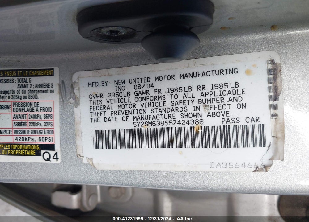 2005 PONTIAC VIBE VIN: 5Y2SM63855Z424388