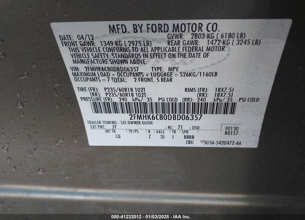 2013 FORD FLEX SEL VIN: 2FMHK6C80DBD06357