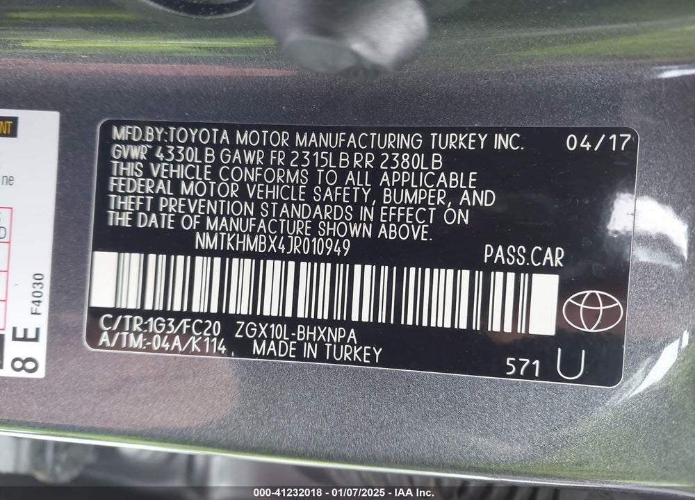 2018 TOYOTA C-HR XLE PREMIUM VIN: NMTKHMBX4JR010949