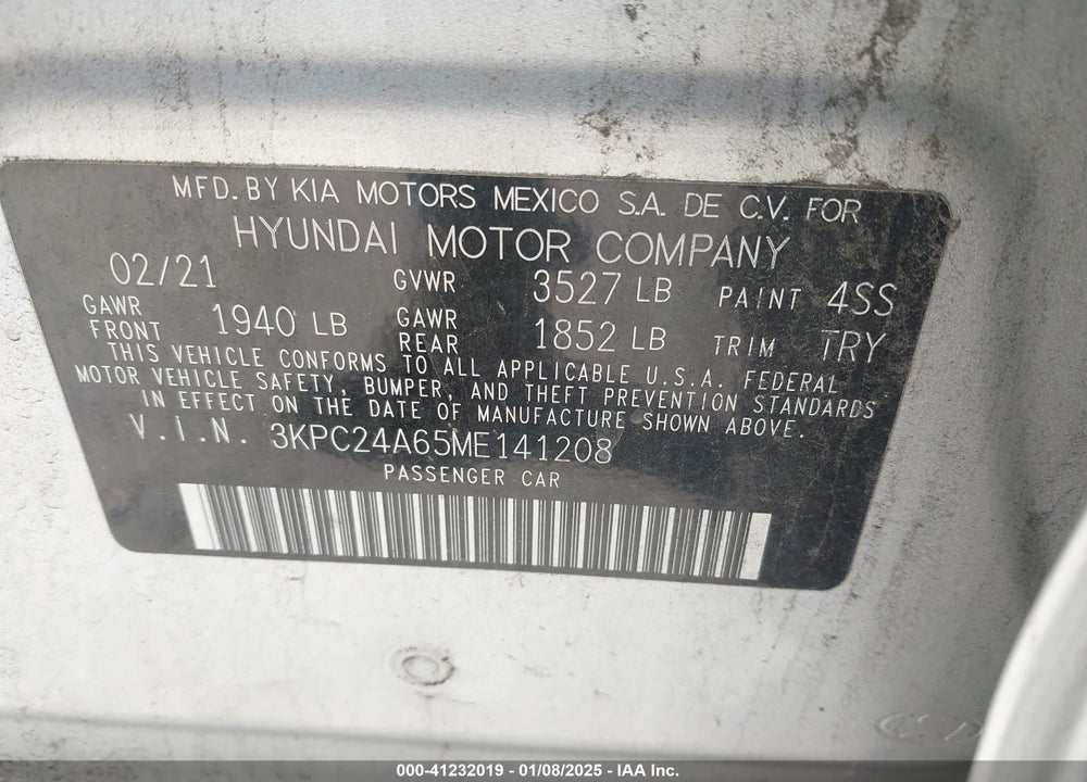 2021 HYUNDAI ACCENT VIN: 3KPC24A65ME141208