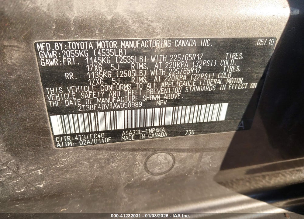 2010 TOYOTA RAV4 VIN: 2T3BF4DV1AW058989