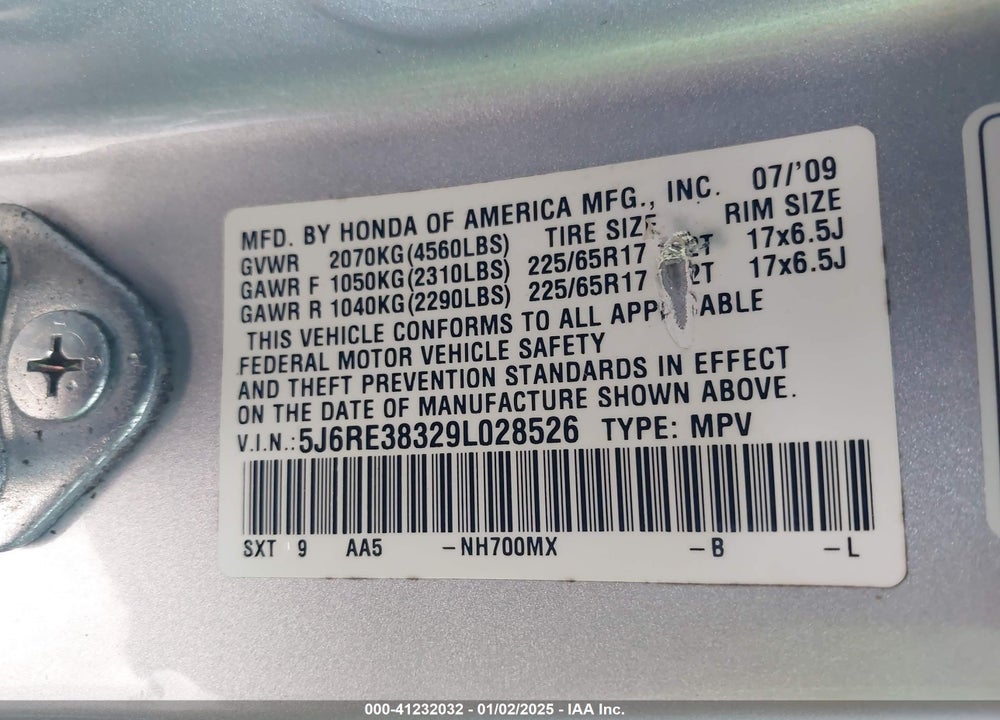 2009 HONDA CR-V LX VIN: 5J6RE38329L028526