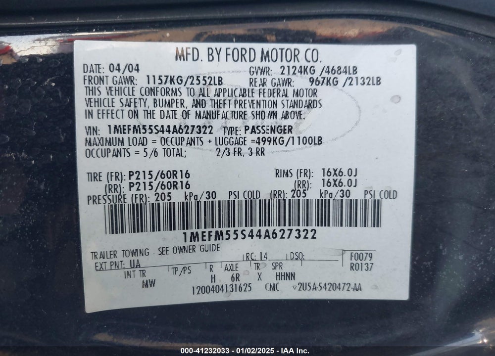 2004 MERCURY SABLE LS PREMIUM VIN: 1MEFM55S44A627322