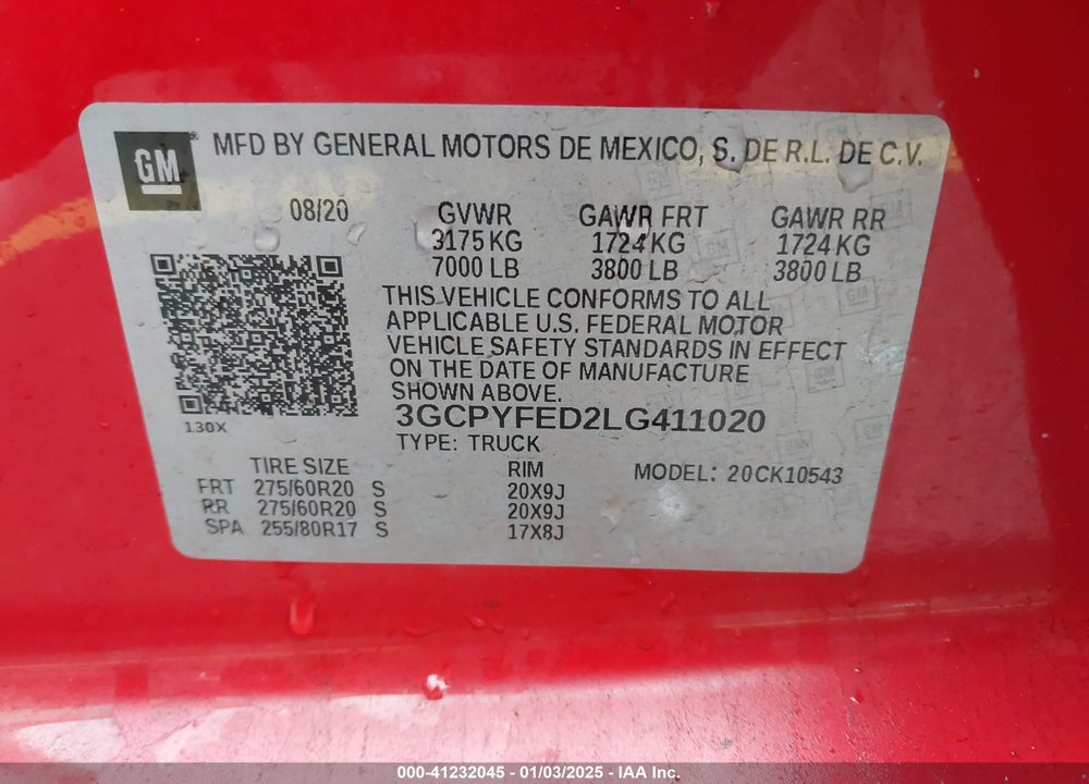 2020 CHEVROLET SILVERADO 1500 VIN: 3GCPYFED2LG411020