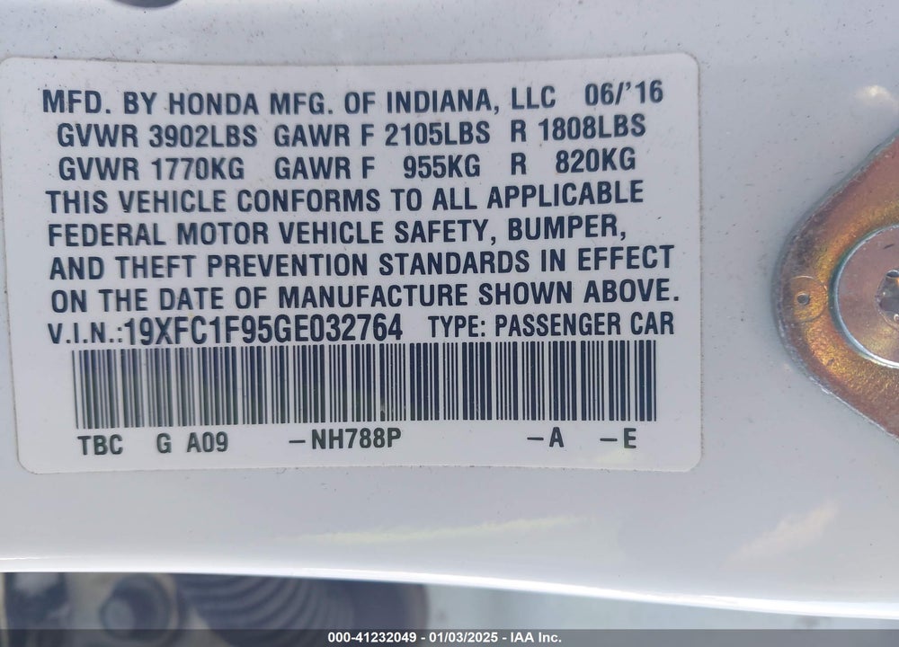 2016 HONDA CIVIC TOURING VIN: 19XFC1F95GE032764