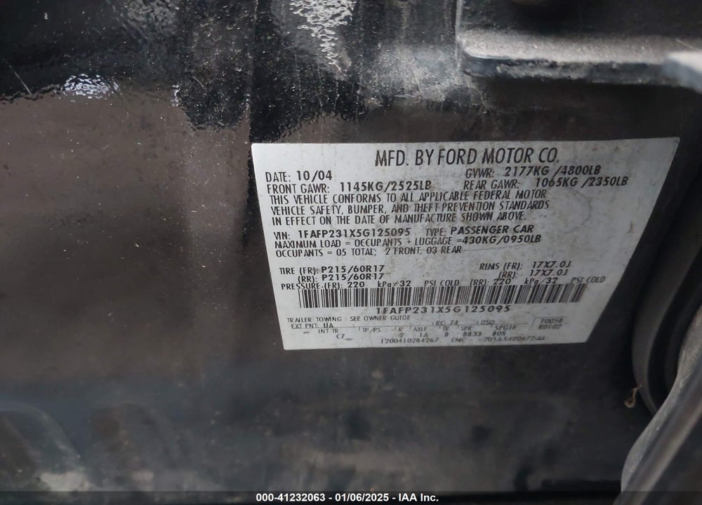 2005 FORD FIVE HUNDRED SE VIN: 1FAFP231X5G125095