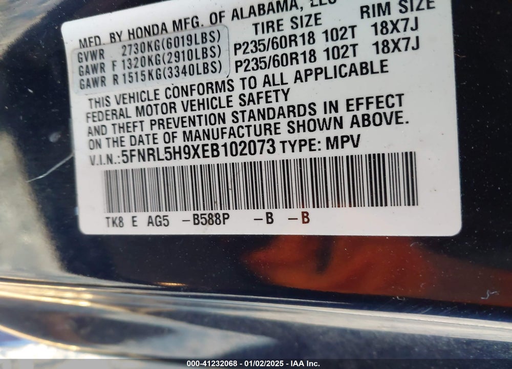 2014 HONDA ODYSSEY TOURING/TOURING ELITE VIN: 5FNRL5H9XEB102073
