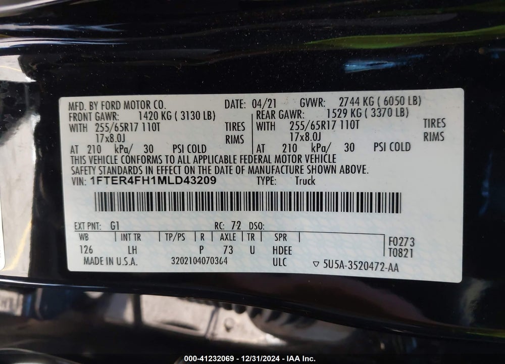2021 FORD RANGER VIN: 1FTER4FH1MLD43209