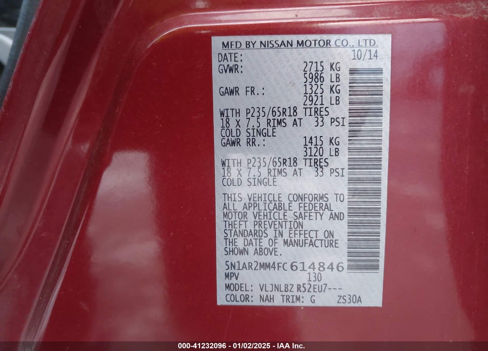 2015 NISSAN PATHFINDER S VIN: 5N1AR2MM4FC614846