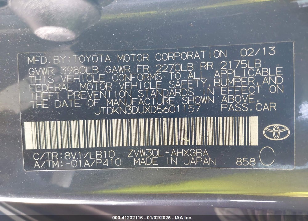 2013 TOYOTA PRIUS VIN: JTDKN3DUXD5601157