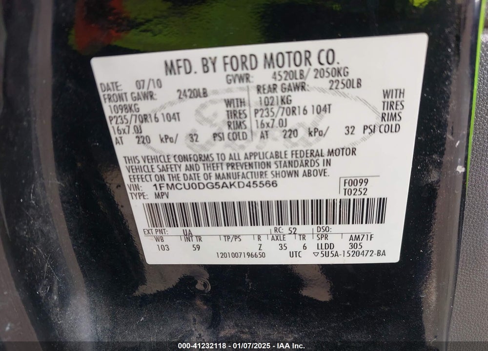 2010 FORD ESCAPE VIN: 1FMCU0DG5AKD45566