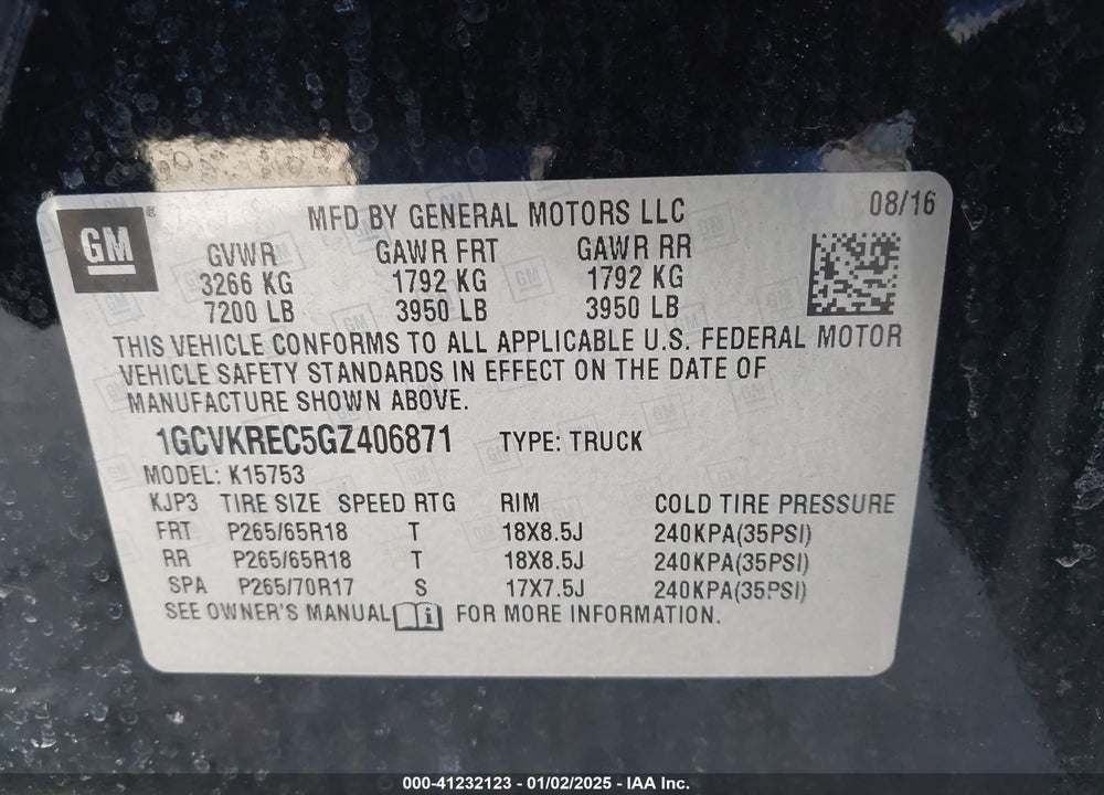 2016 CHEVROLET SILVERADO 1500 1LT VIN: 1GCVKREC5GZ406871
