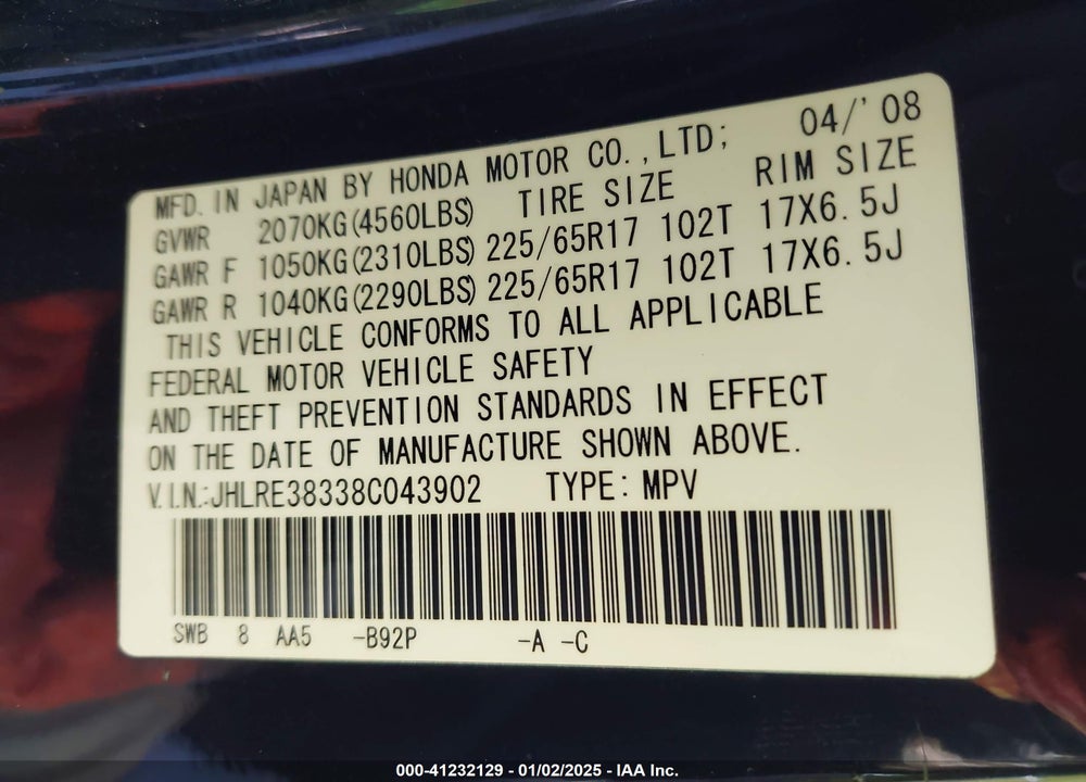2008 HONDA CR-V LX VIN: JHLRE38338C043902