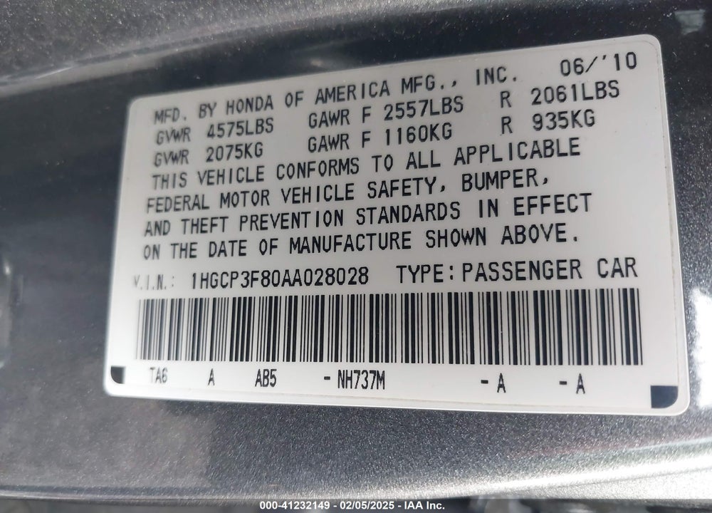 2010 HONDA ACCORD VIN: 1HGCP3F80AA028028