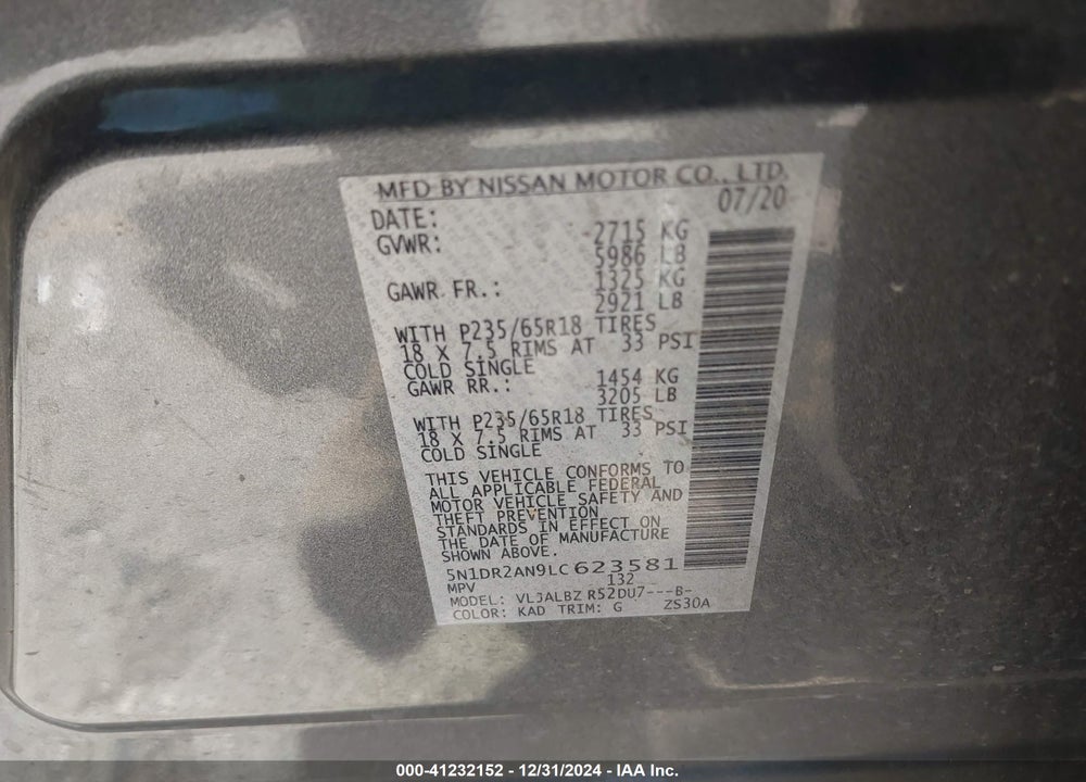 2020 NISSAN PATHFINDER VIN: 5N1DR2AN9LC623581