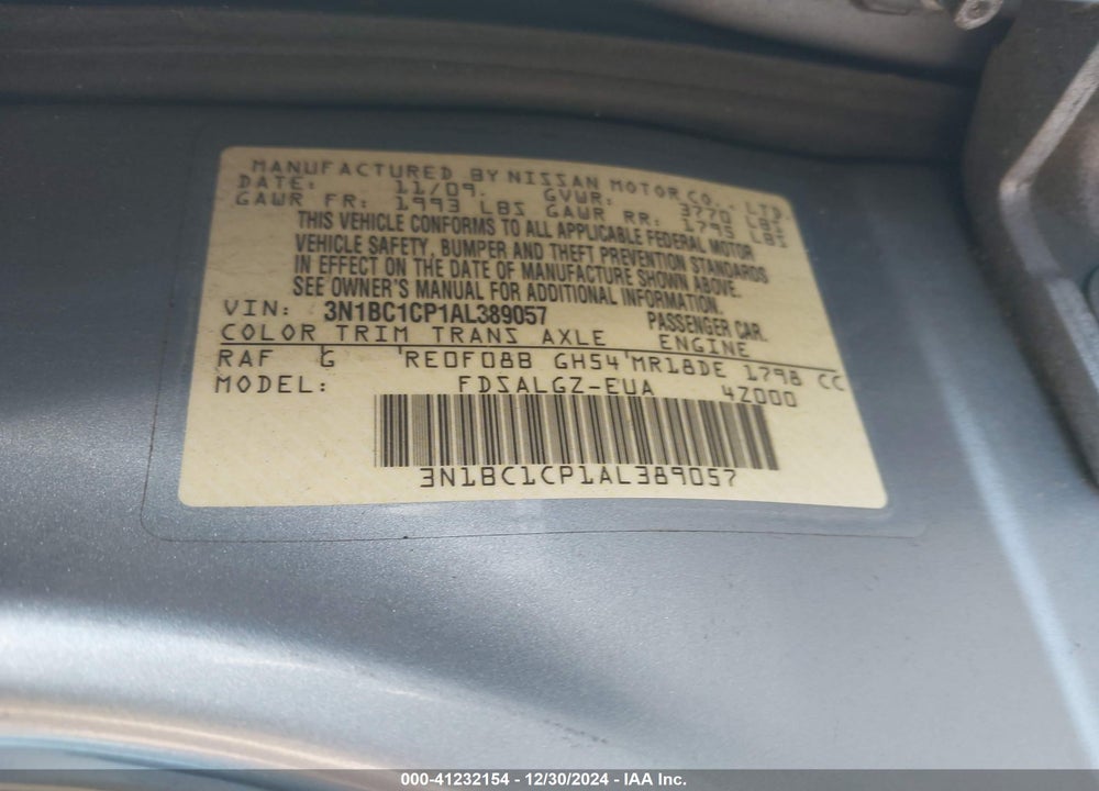 2010 NISSAN VERSA 1.8 SL VIN: 3N1BC1CP1AL389057