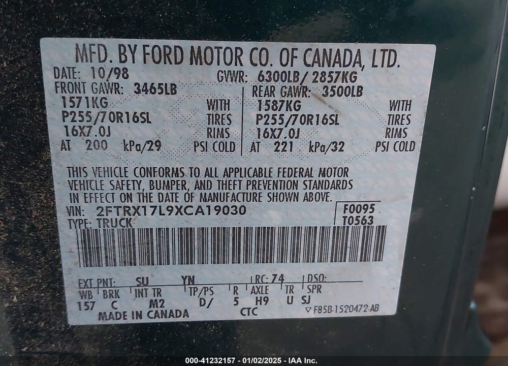 1999 FORD F-150 LARIAT/WORK SERIES/XL/XLT VIN: 2FTRX17L9XCA19030