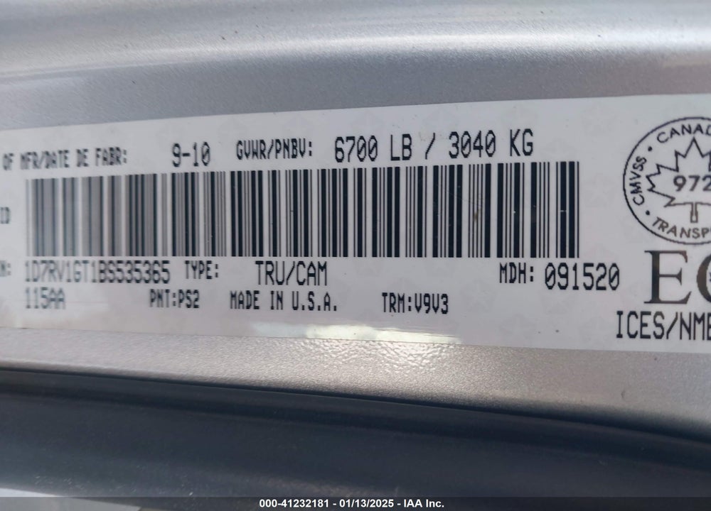 2011 RAM RAM 1500 VIN: 1D7RV1GT1BS535365