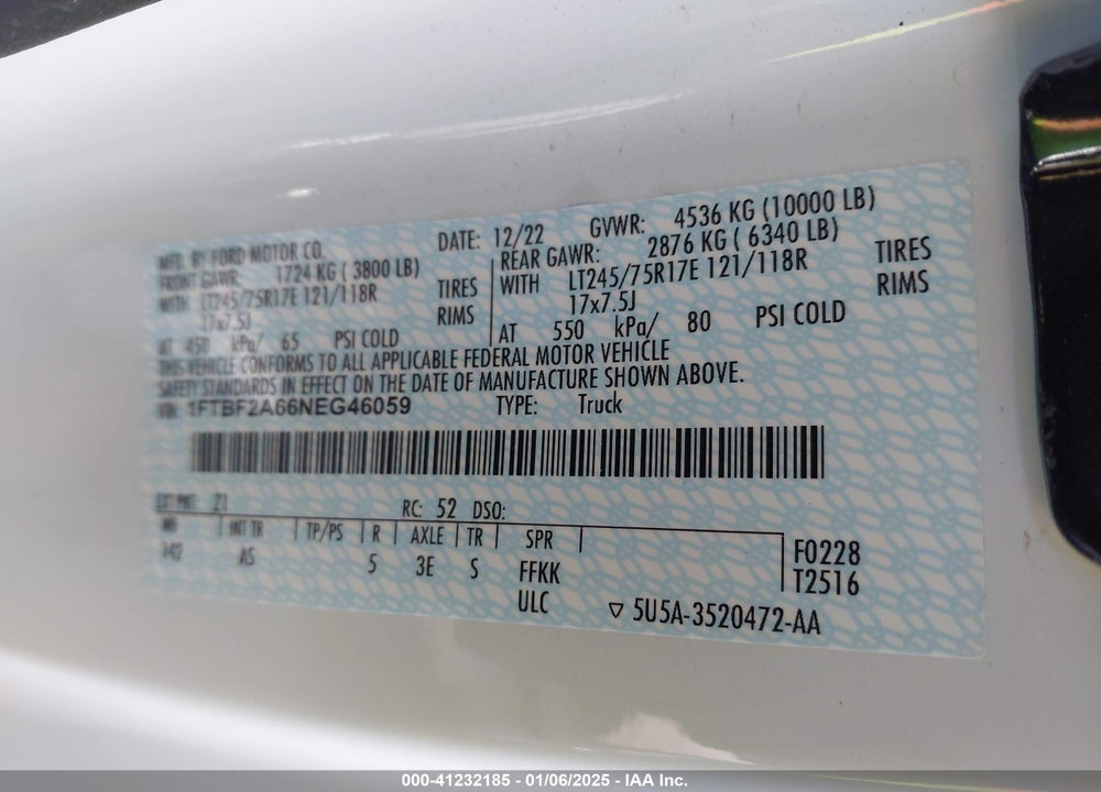 2022 FORD F-250 XL VIN: 1FTBF2A66NEG46059