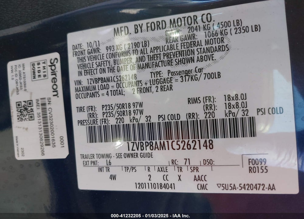 2012 FORD MUSTANG V6 PREMIUM VIN: 1ZVBP8AM1C5262148