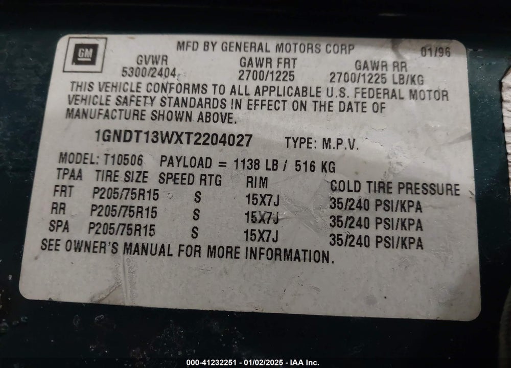 1996 CHEVROLET BLAZER VIN: 1GNDT13WXT2204027