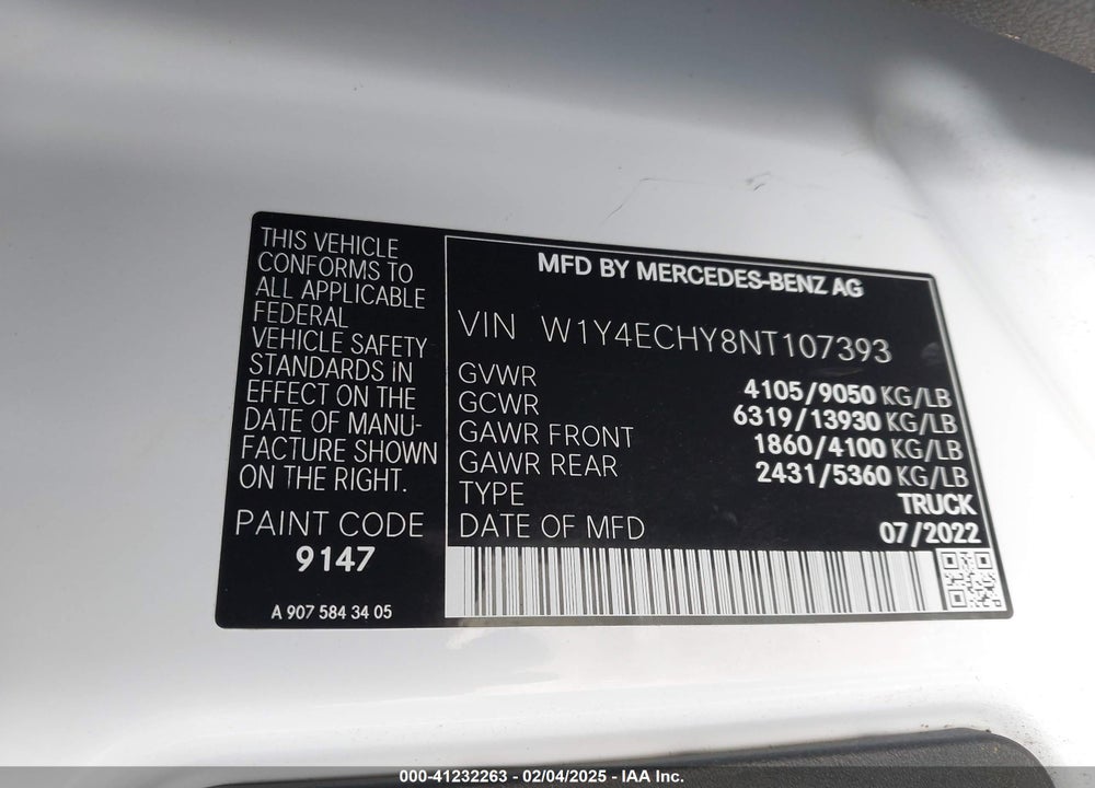 2022 MERCEDES-BENZ SPRINTER 2500 HIGH ROOF V6 VIN: W1Y4ECHY8NT107393