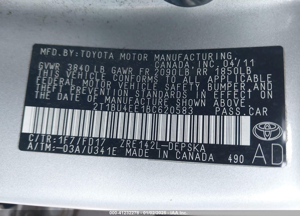 2011 TOYOTA COROLLA S VIN: 2T1BU4EE1BC620583