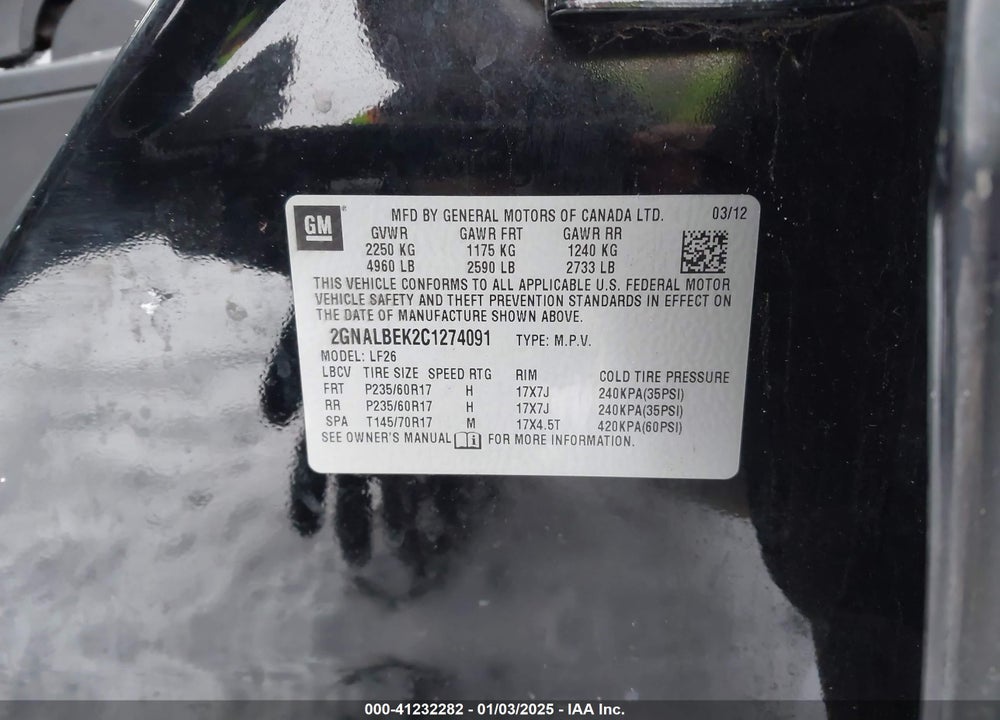 2012 CHEVROLET EQUINOX VIN: 2GNALBEK2C1274091