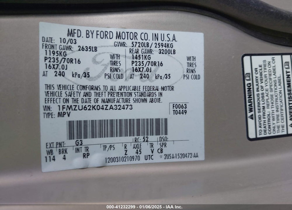 2004 FORD EXPLORER XLS VIN: 1FMZU62K04ZA32473