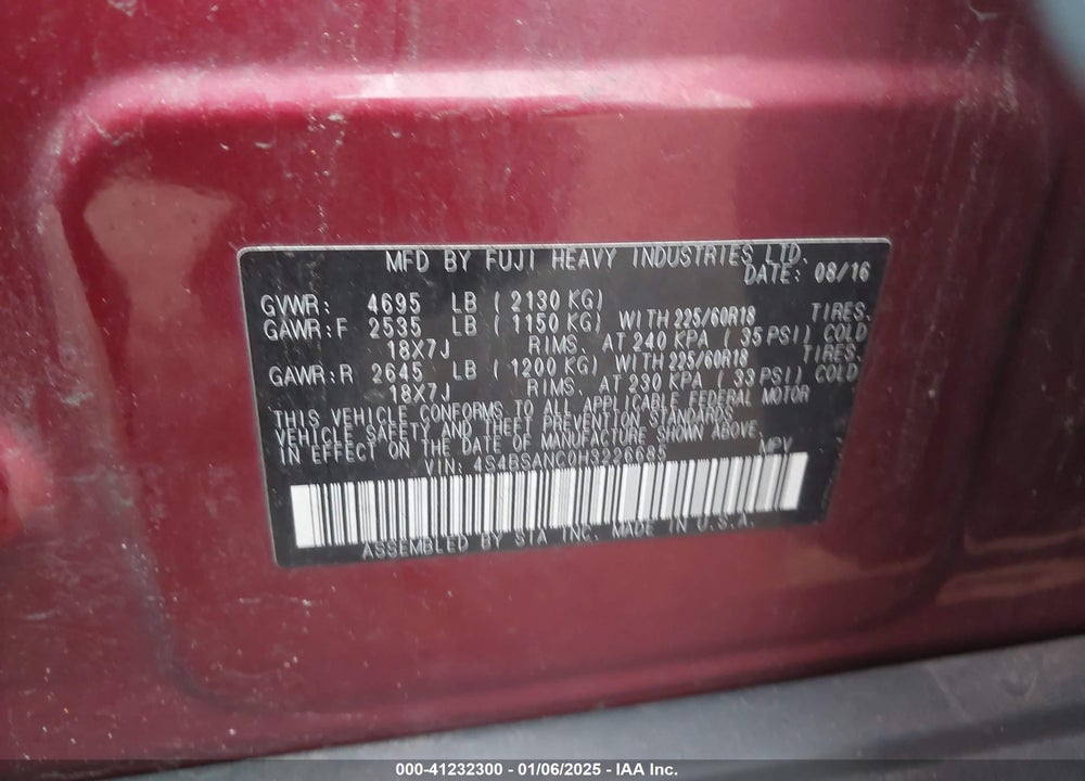 2017 SUBARU OUTBACK 2.5I LIMITED VIN: 4S4BSANC0H3226685