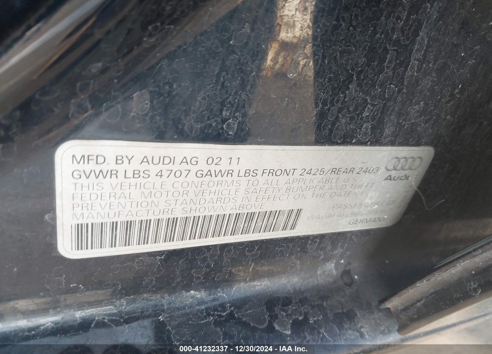 2011 AUDI A4 VIN: WAUAFAFL9BN045967
