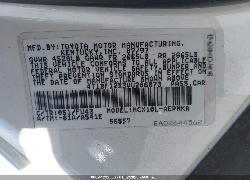 1997 TOYOTA AVALON XL VIN: 4T1BF12B3VU206873