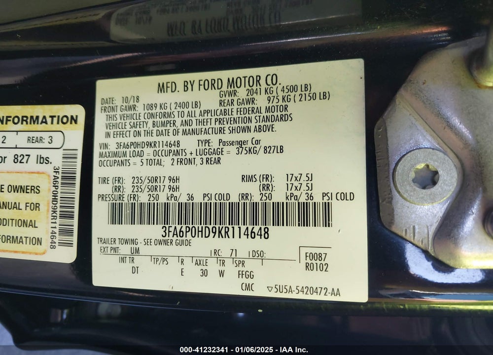 2019 FORD FUSION VIN: 3FA6P0HD9KR114648