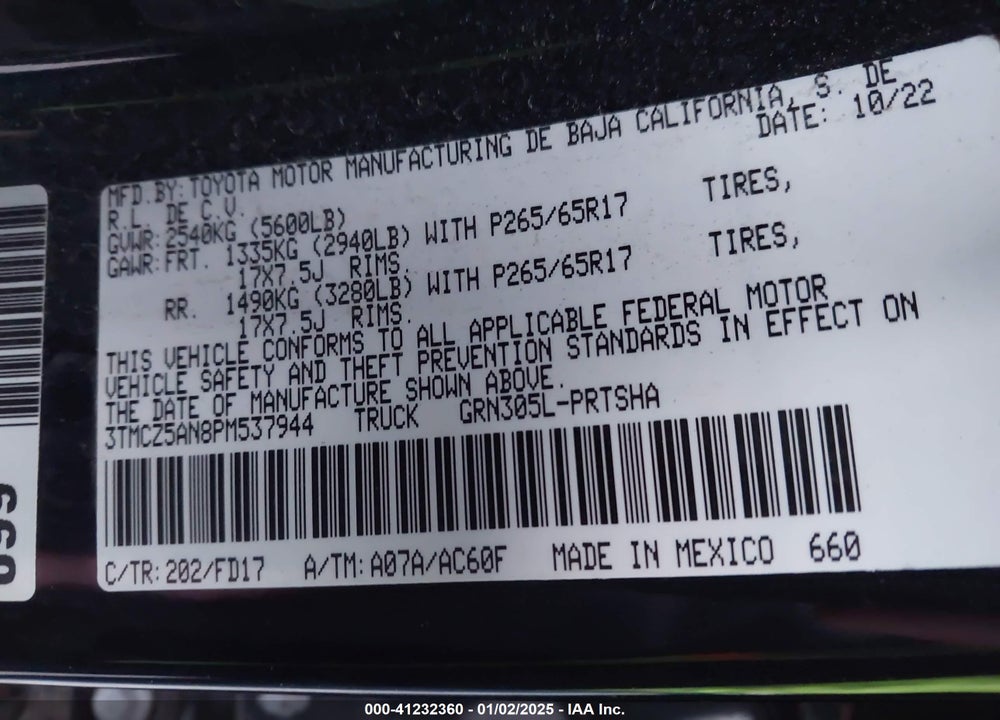 2023 TOYOTA TACOMA TRD SPORT VIN: 3TMCZ5AN8PM537944