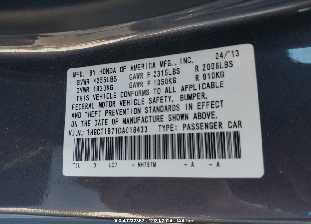 2013 HONDA ACCORD VIN: 1HGCT1B71DA018433