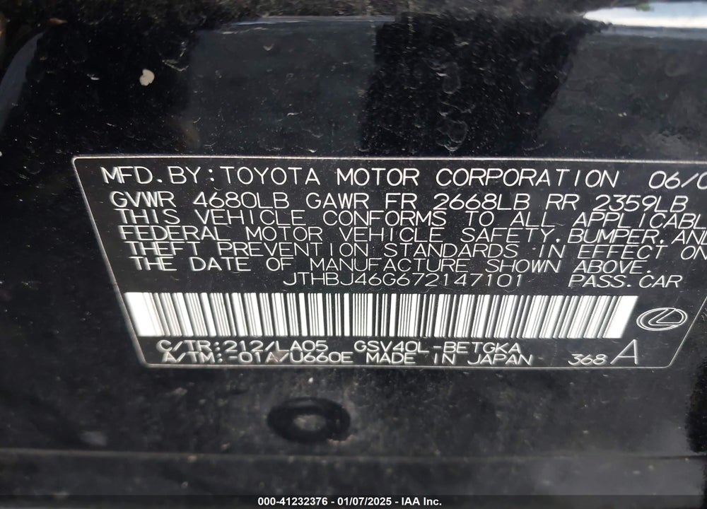 2007 LEXUS ES 350 VIN: JTHBJ46G672147101