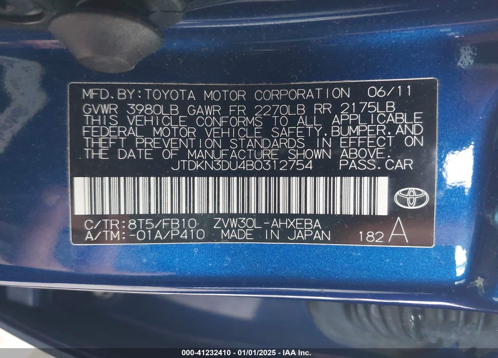 2011 TOYOTA PRIUS TWO VIN: JTDKN3DU4B0312754