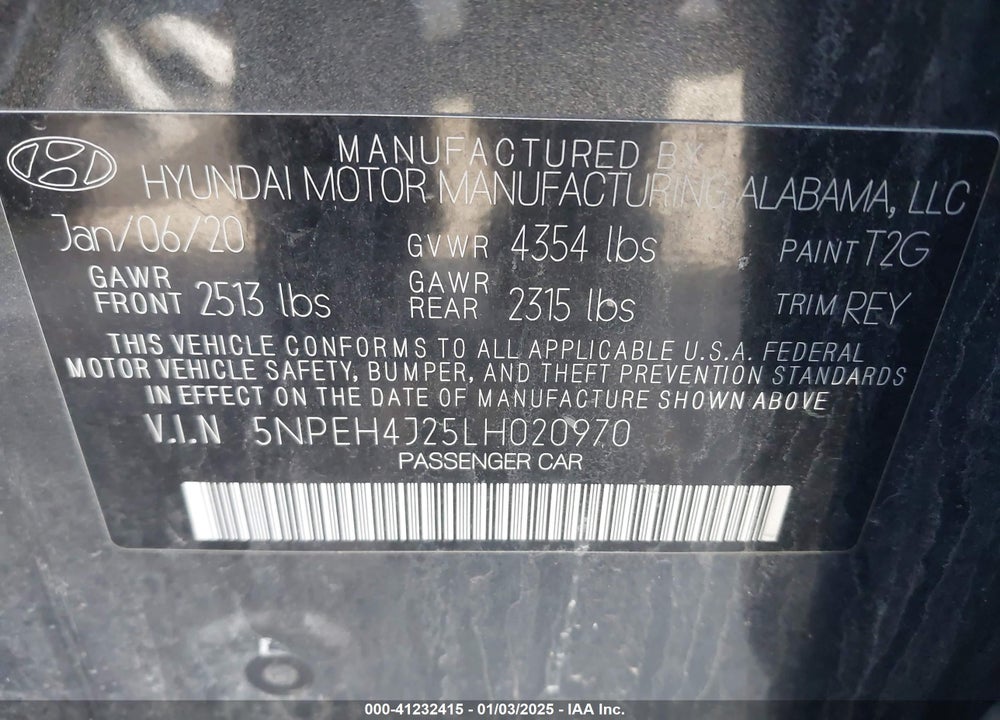 2020 HYUNDAI SONATA LIMITED VIN: 5NPEH4J25LH020970