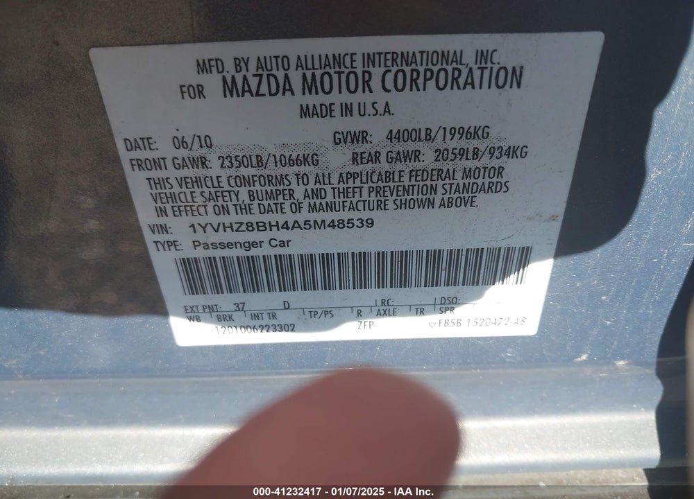 2010 MAZDA MAZDA6 VIN: 1YVHZ8BH4A5M48539