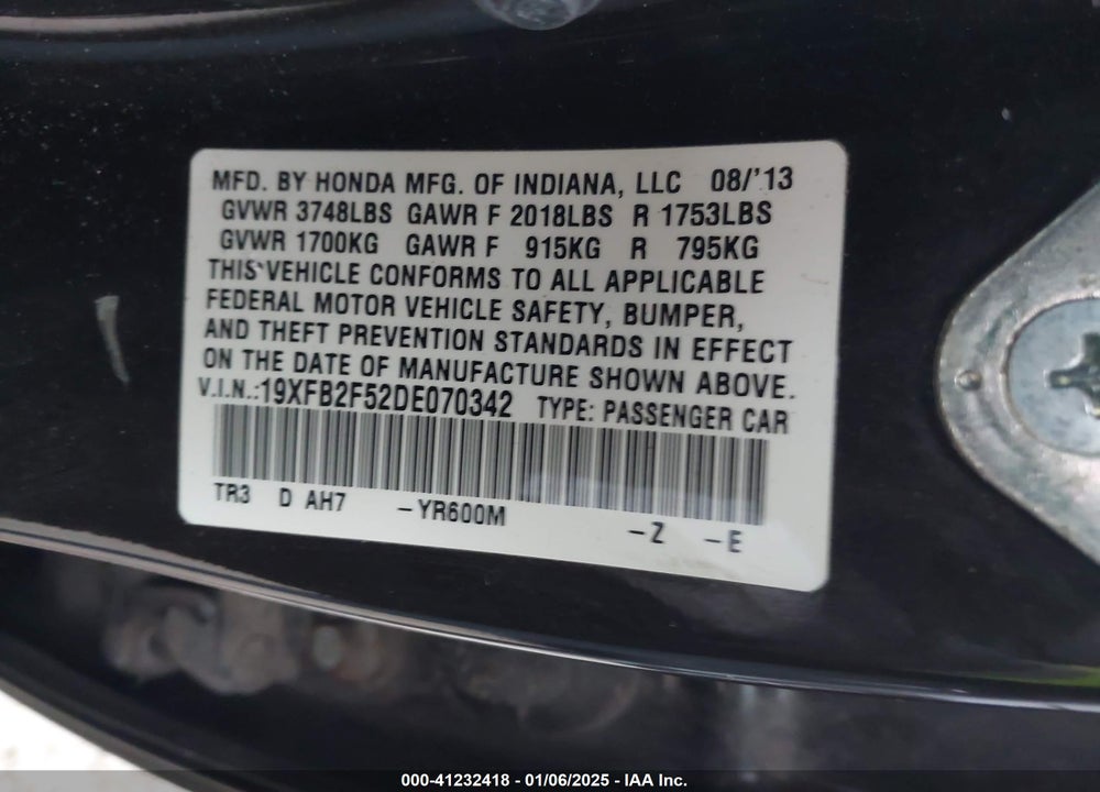2013 HONDA CIVIC LX VIN: 19XFB2F52DE070342