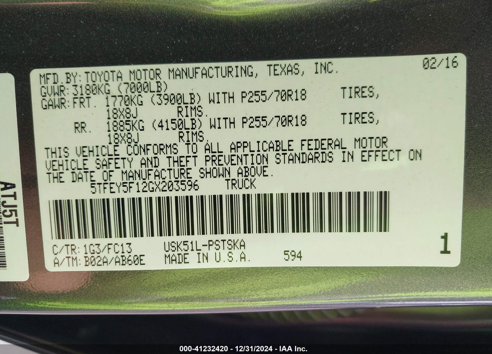 2016 TOYOTA TUNDRA SR5 5.7L V8 VIN: 5TFEY5F12GX203596