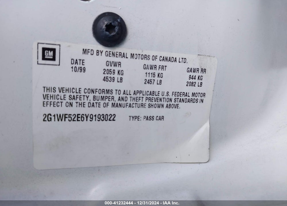 2000 CHEVROLET IMPALA VIN: 2G1WF52E6Y9193022