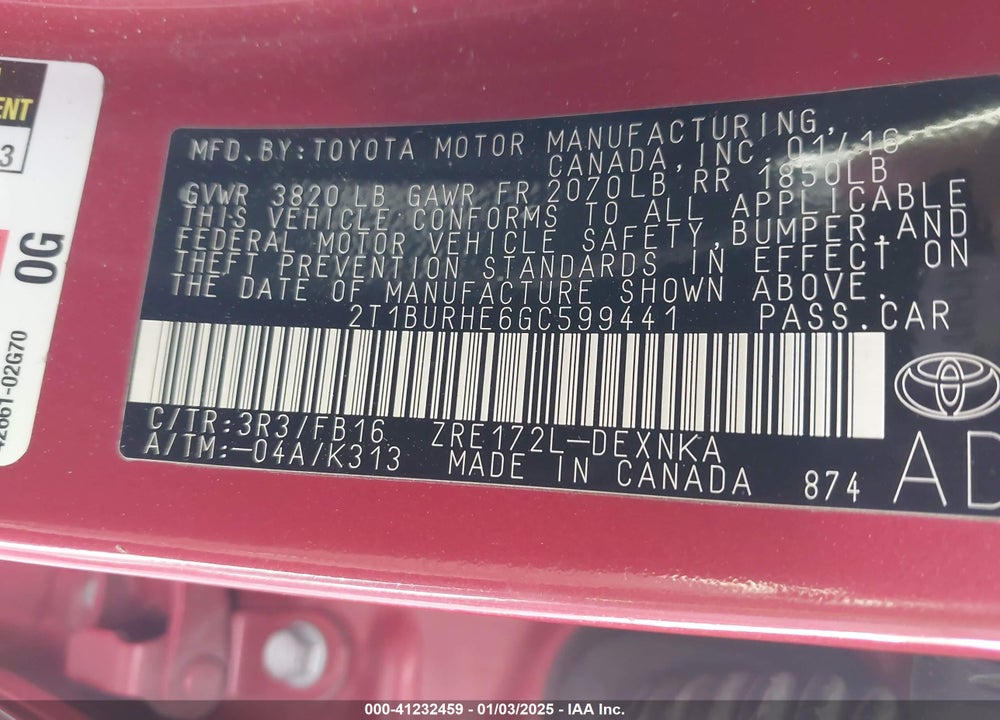 2016 TOYOTA COROLLA VIN: 2T1BURHE6GC599441