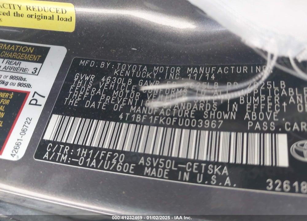 2015 TOYOTA CAMRY VIN: 4T1BF1FK0FU003967
