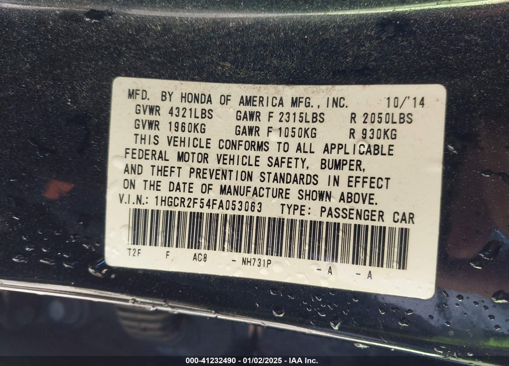 2015 HONDA ACCORD VIN: 1HGCR2F54FA053063
