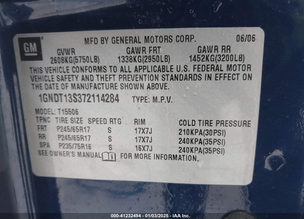 2007 CHEVROLET TRAILBLAZER LT VIN: 1GNDT13S372114284