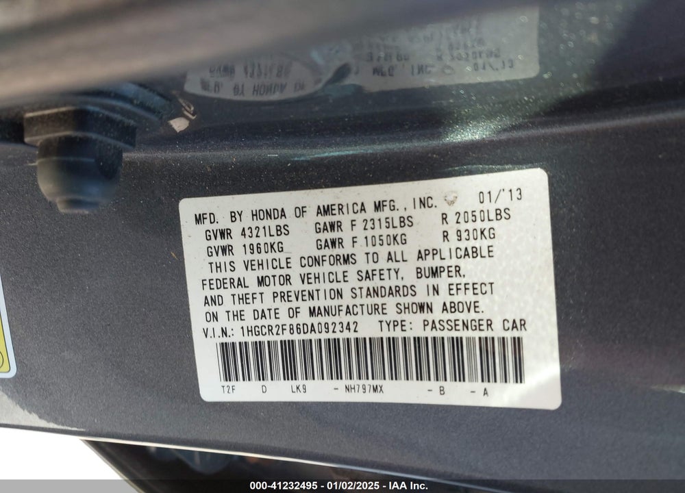 2013 HONDA ACCORD VIN: 1HGCR2F86DA092342