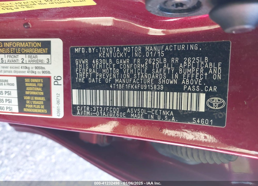 2015 TOYOTA CAMRY LE VIN: 4T1BF1FK4FU915839